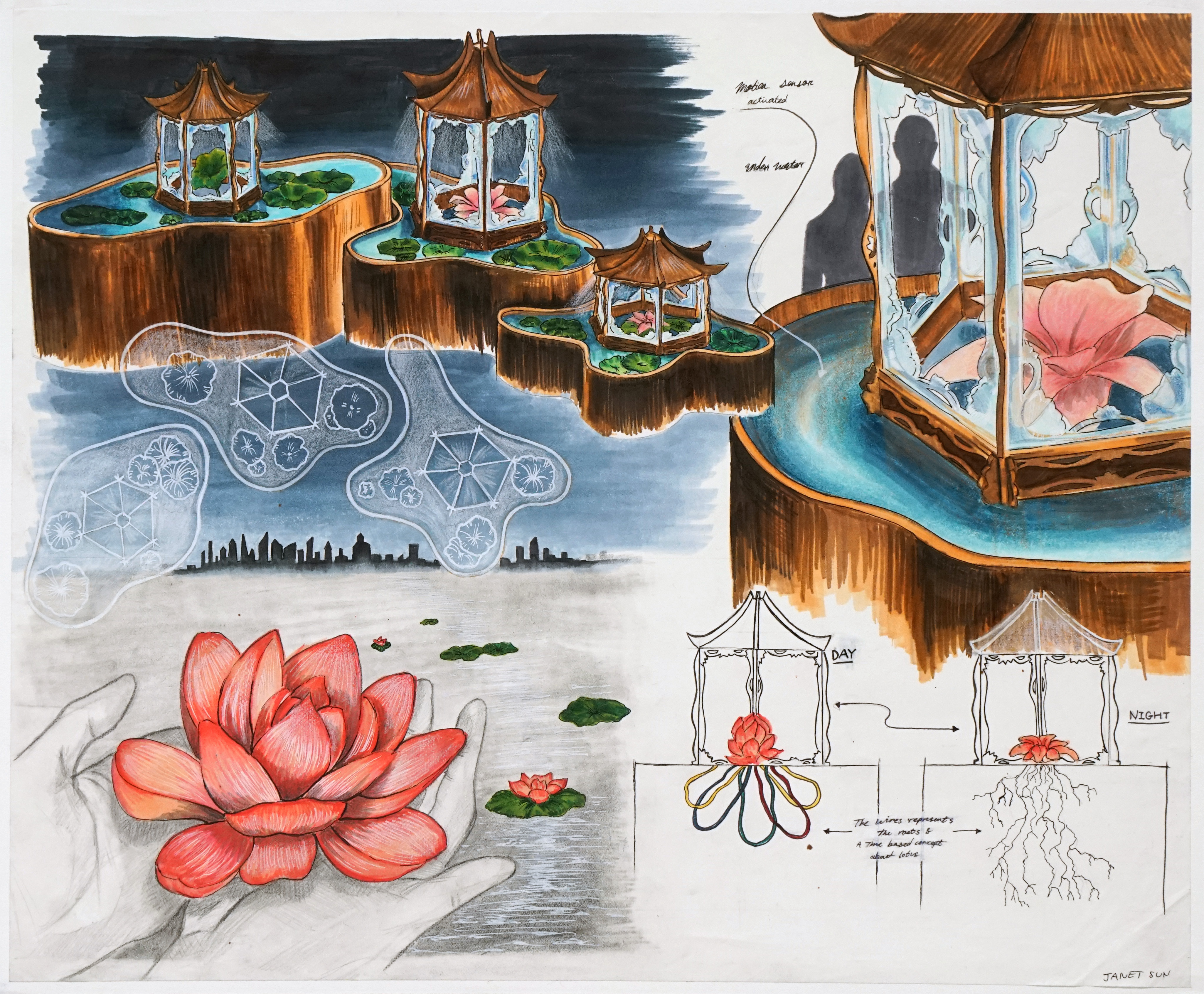 Locked Lotus concept design sketch — pagoda gazebos, lotus and water feature